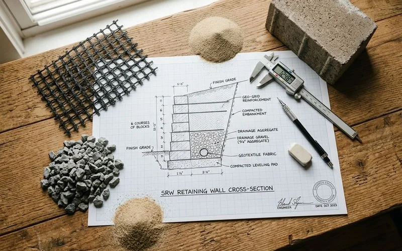 Cross-section diagram of engineered retaining wall components