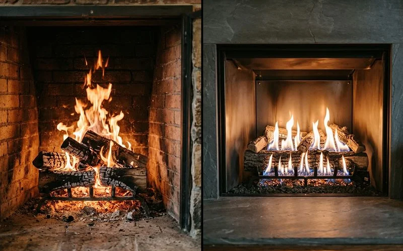 Wood-burning insert versus gas log set close-up comparison
