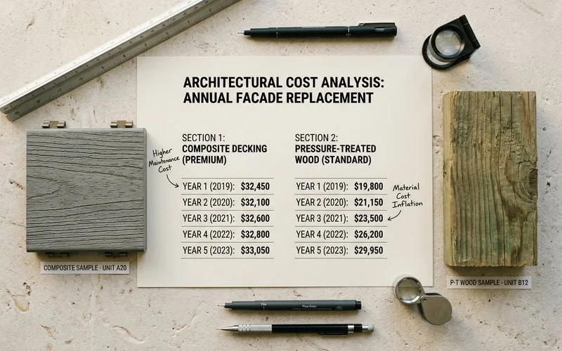 20-year total cost comparison graph for composite versus pressure-treated decking