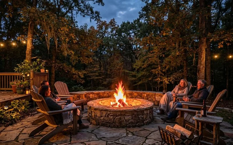 Wood-burning fire pit with stone surround in Carolinas family backyard