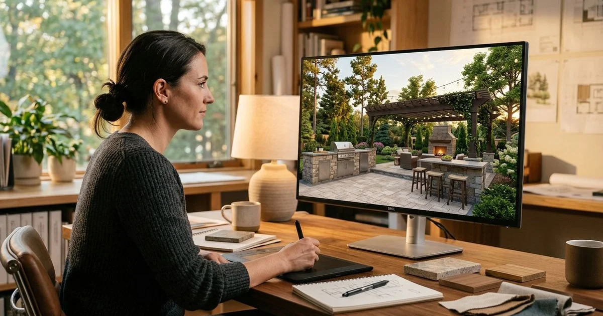 3D photoreal rendering of luxury Carolinas backyard project on screen
