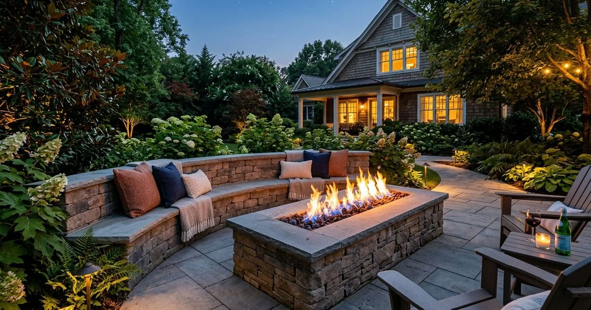 Built-in gas fire pit with seat wall integration in Carolinas backyard at golden hour