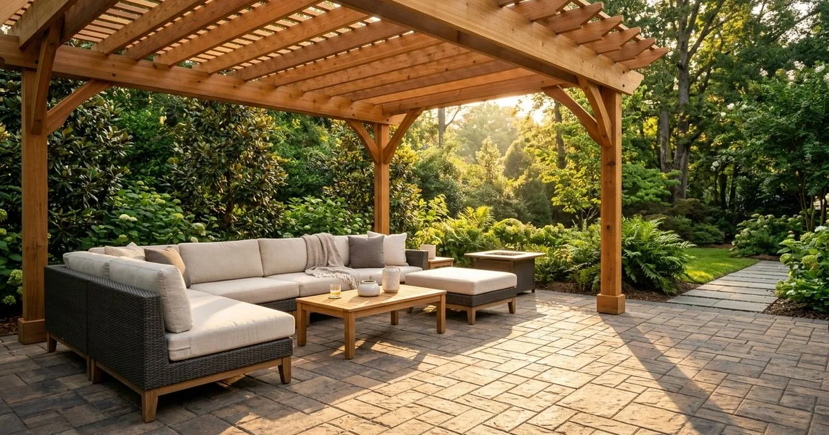 Cedar pergola over Carolinas patio with filtered golden-hour light