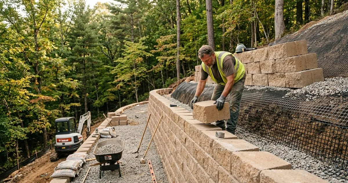 Engineered retaining wall with geogrid reinforcement on Carolinas hillside