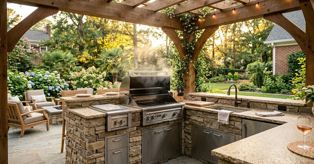 Premium Carolinas outdoor kitchen with full appliance suite at golden hour