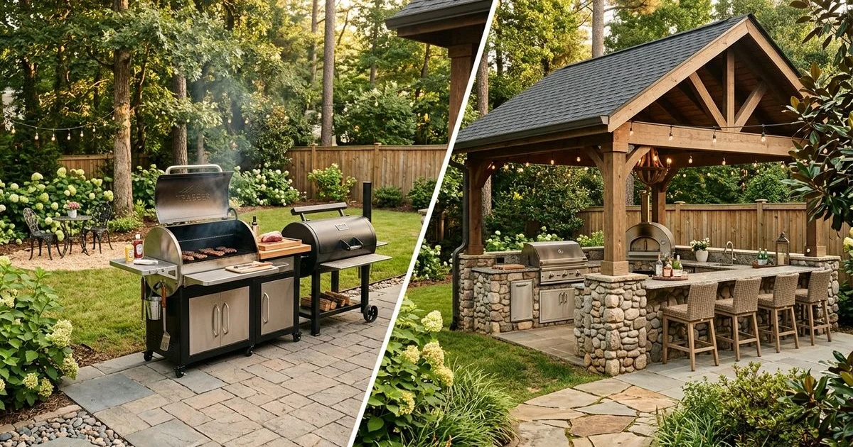 Side-by-side comparison of premium grill station and full outdoor kitchen in Carolinas backyards