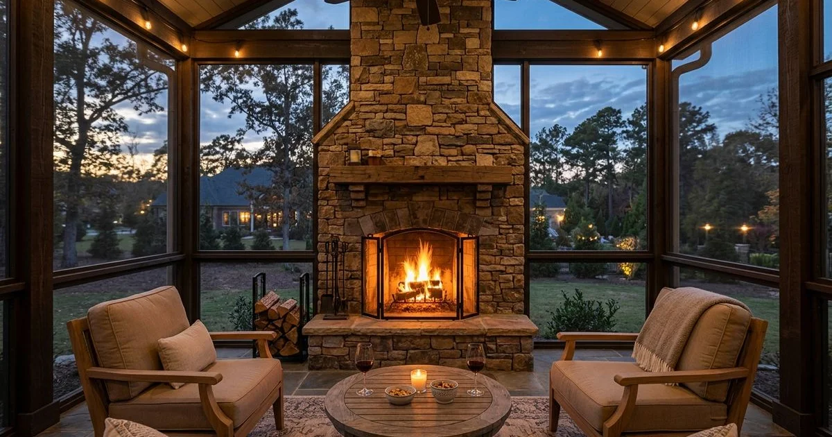Wood-burning outdoor fireplace at twilight in Carolinas screened porch