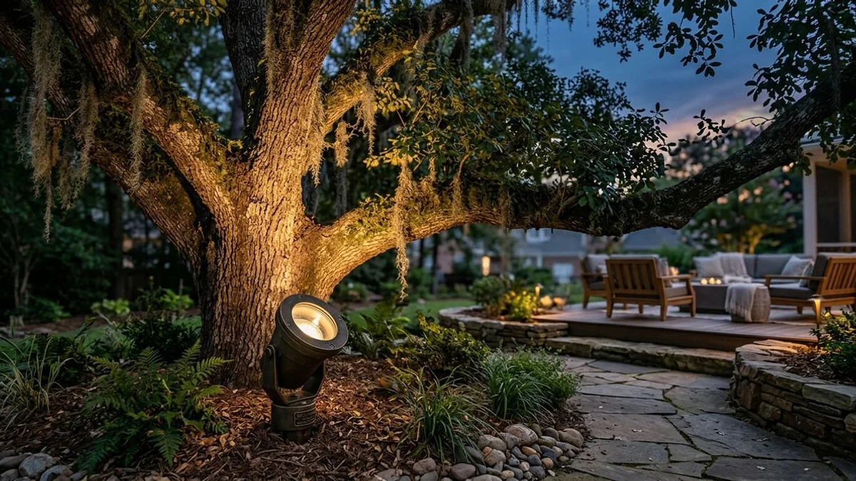 Brass low-voltage uplight with Brilliance LED illuminating Carolinas live oak at twilight