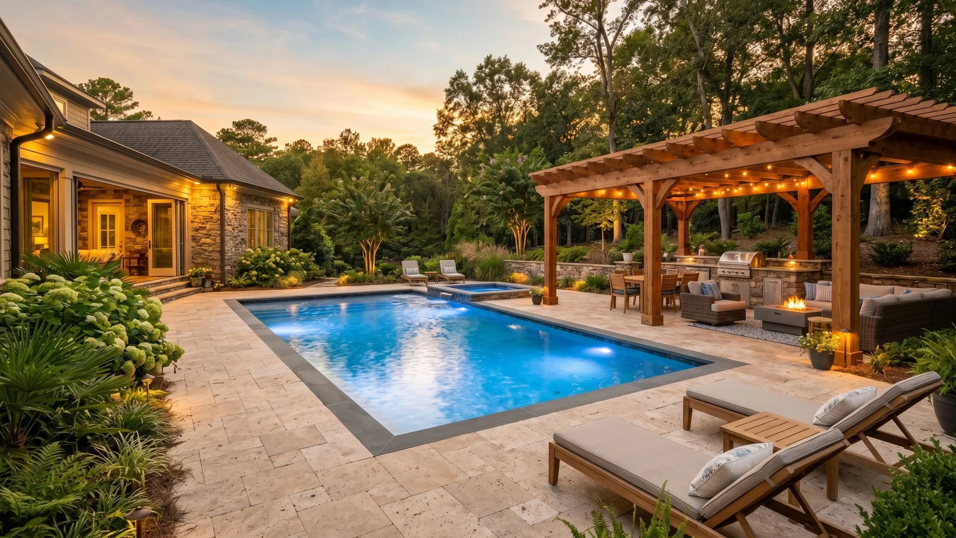 Carolina luxury outdoor living scene at golden hour