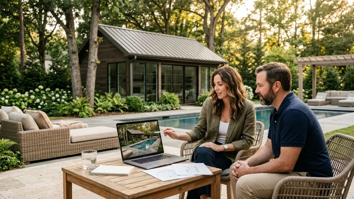 Designer reviewing 3D photoreal rendering of luxury Carolinas backyard with homeowner in studio setting