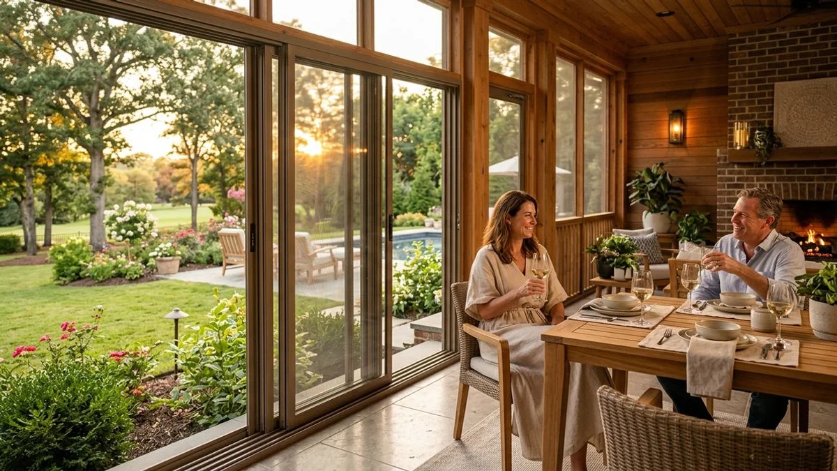 Eze-Breeze screened porch with vinyl panels half-open showing four-track system at golden hour