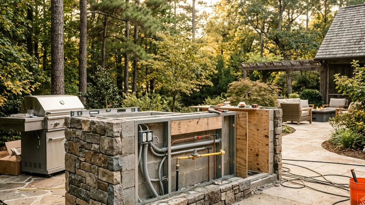 Outdoor kitchen mid-build showing stone veneer base appliance roughing detail