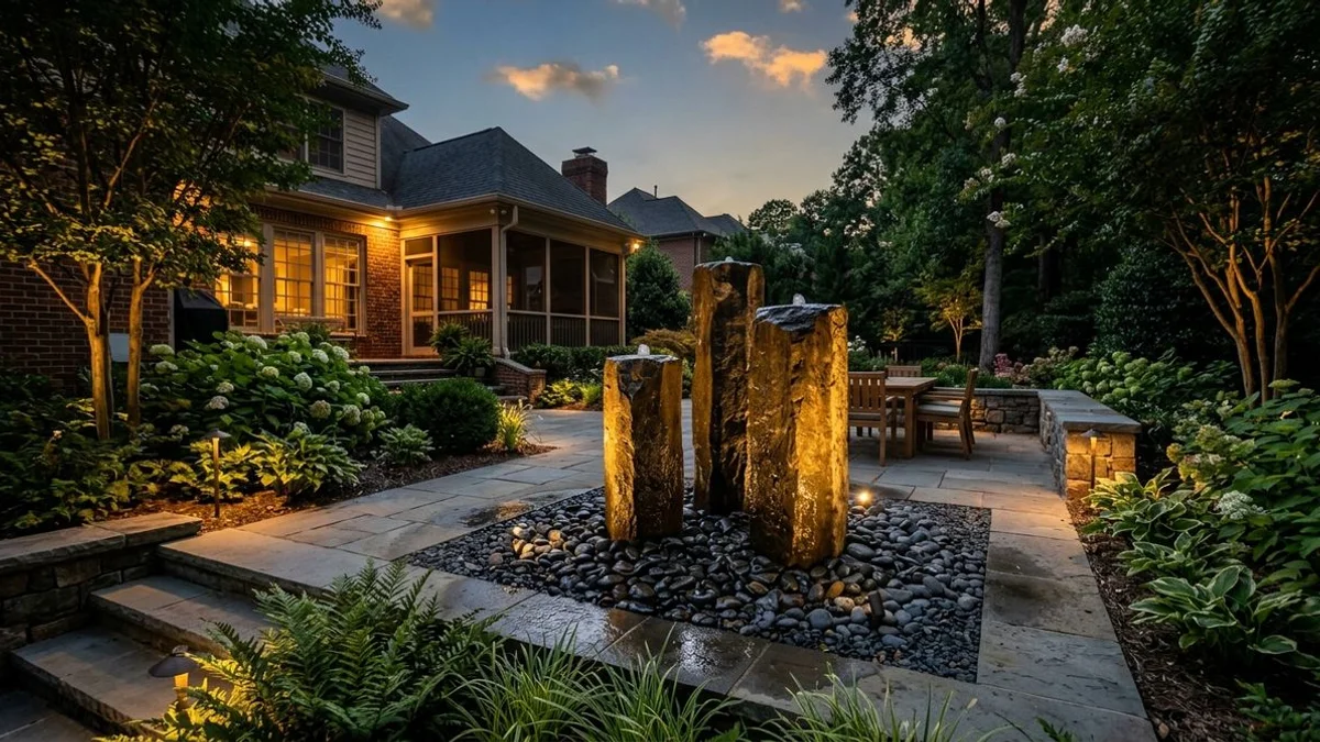 Pondless basalt column water feature with integrated landscape lighting at twilight in Carolinas backyard