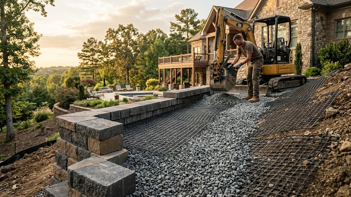 Segmental retaining wall mid-construction showing geogrid reinforcement and back-drainage gravel