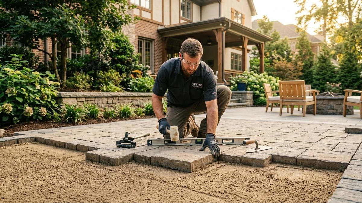 Vetted Carolinas patio installer placing Belgard pavers on prepared base