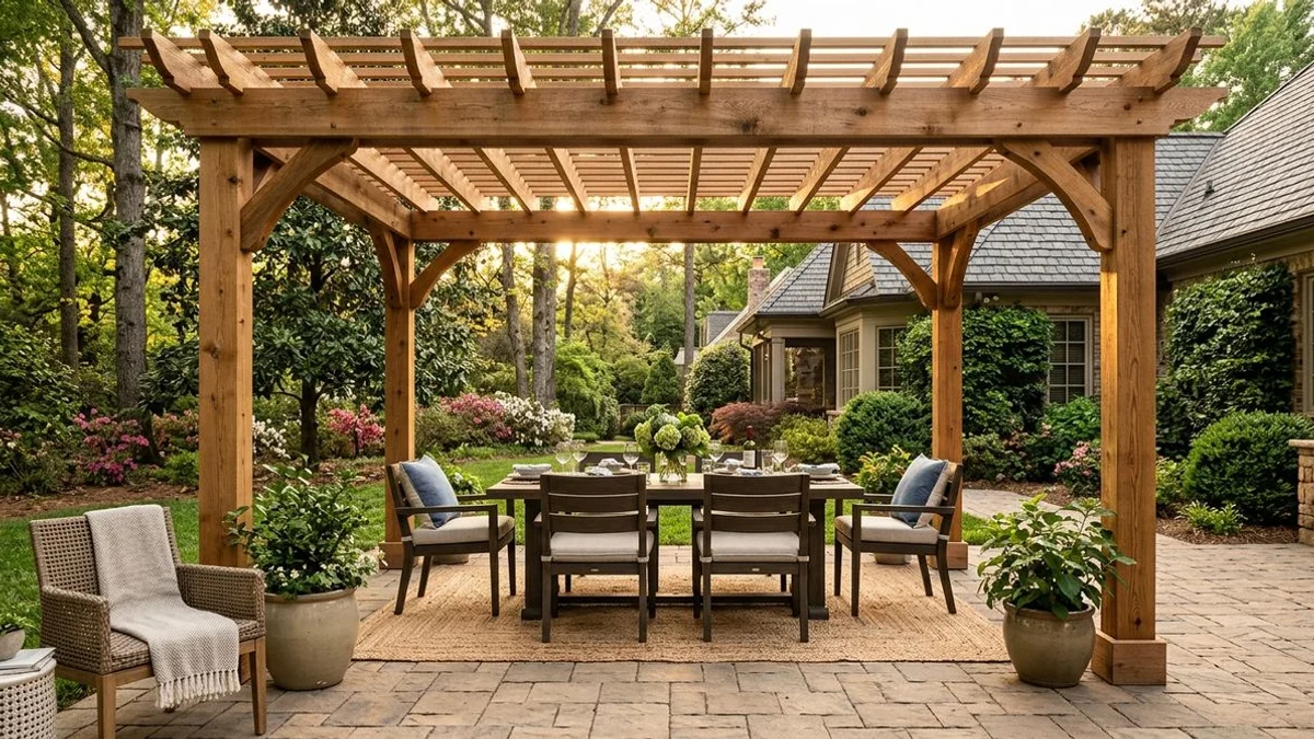 Western red cedar pergola over paver patio with filtered golden-hour light